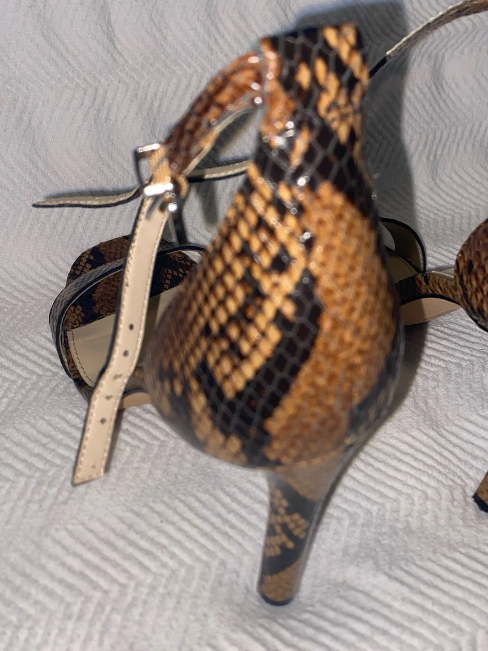 Vince Camuto Brown Snake-Print Ankle Strap Stiletto Sandals; 7.5M